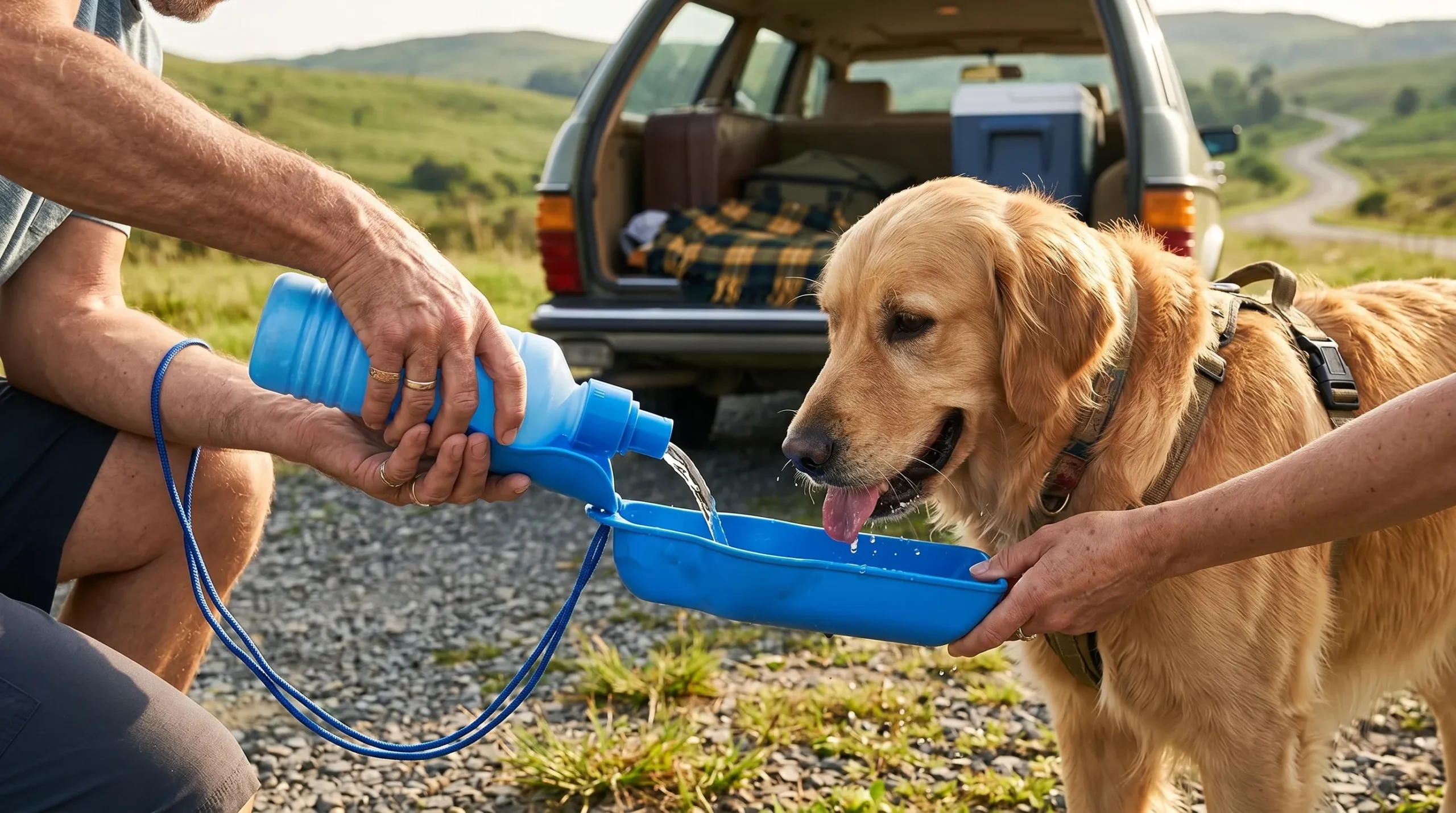 Tutor servindo água para cachorro grande usando garrafa de bebedouro portátil Chalesco durante parada na estrada