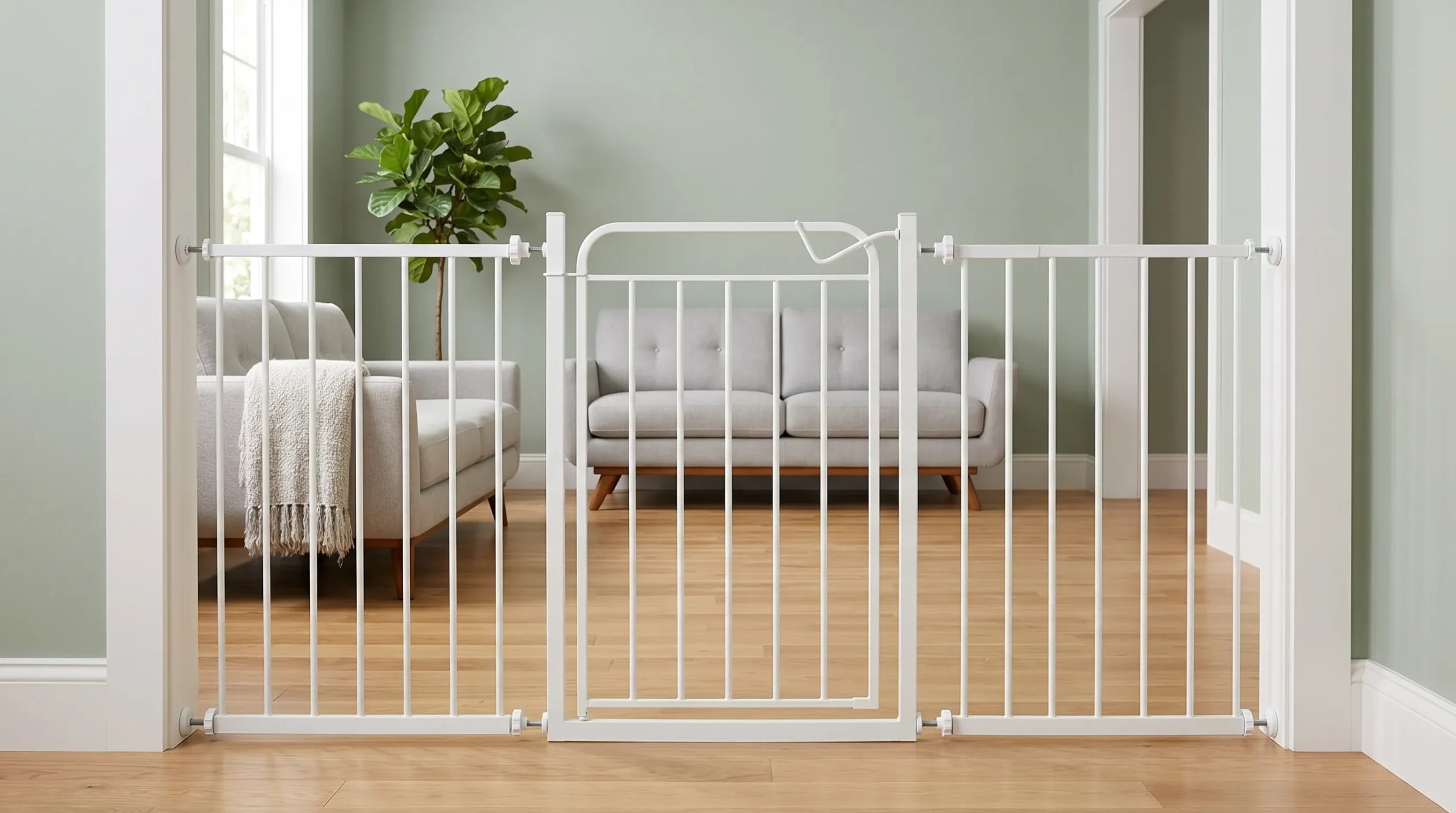 Portão pet ajustável branco de metal instalado na porta da sala servindo como grade de segurança para cachorros