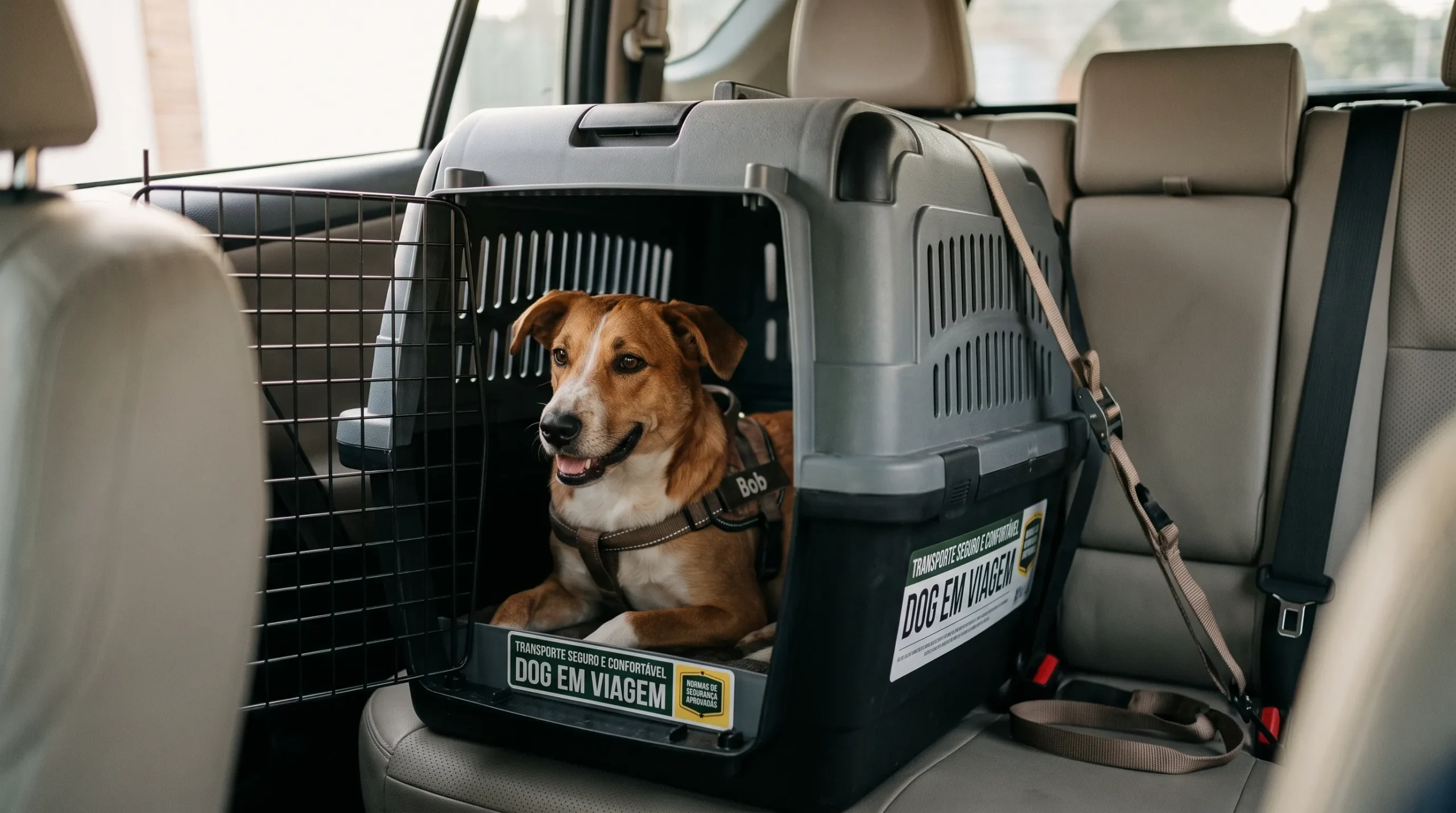 cachorro dentro de caixa de transporte de qualidade no banco traseiro do carro