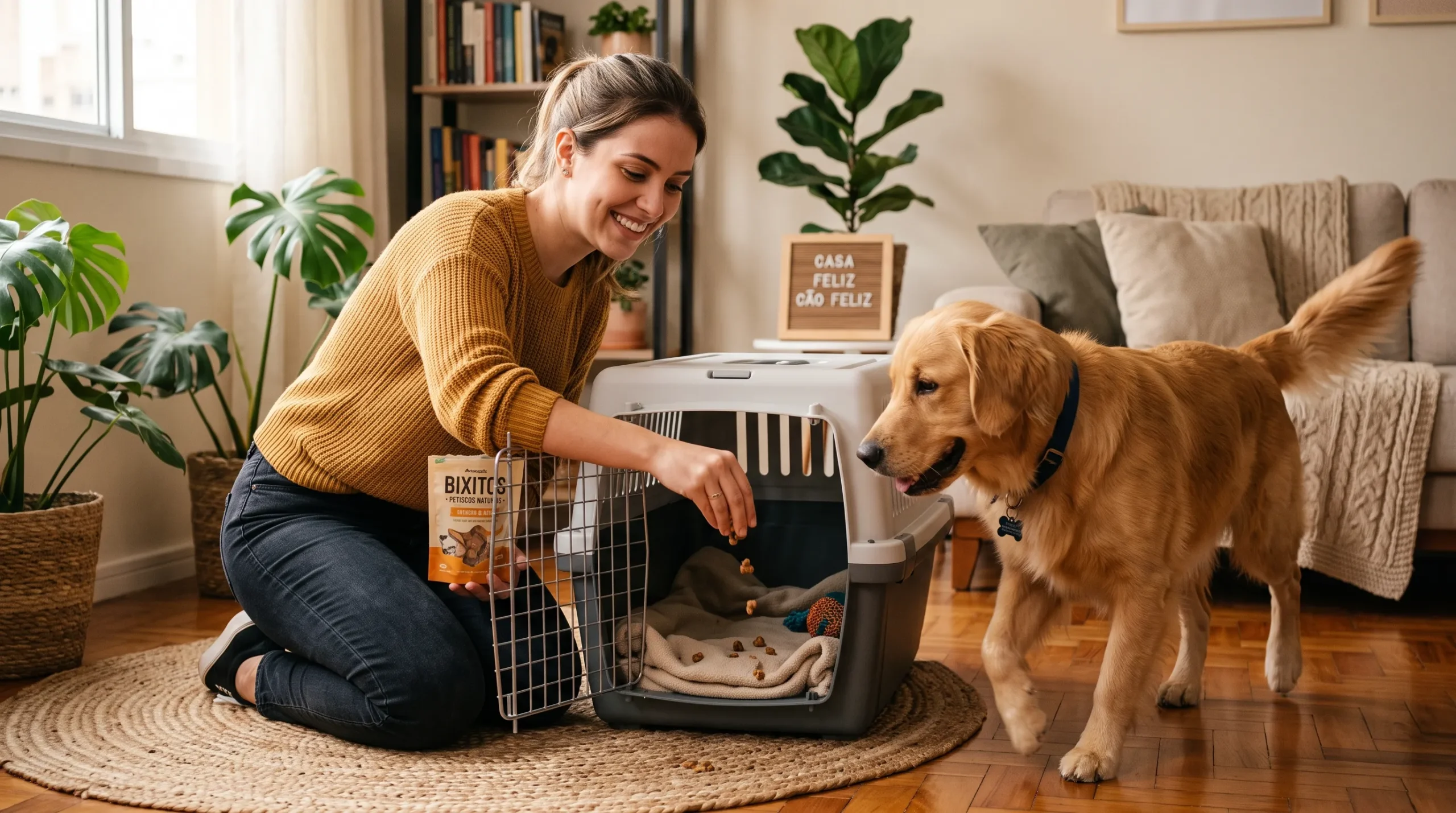 tutora adaptando cachorro à caixa de transporte com petiscos e reforço positivo