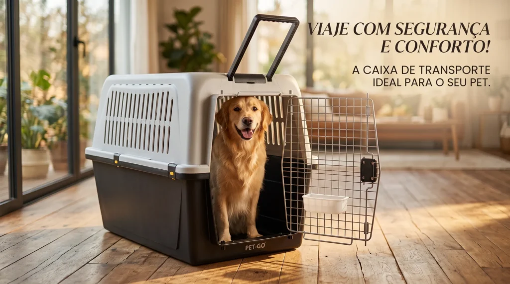 melhor caixa de transporte para cachorro — golden retriever dentro de caixa pet moderna