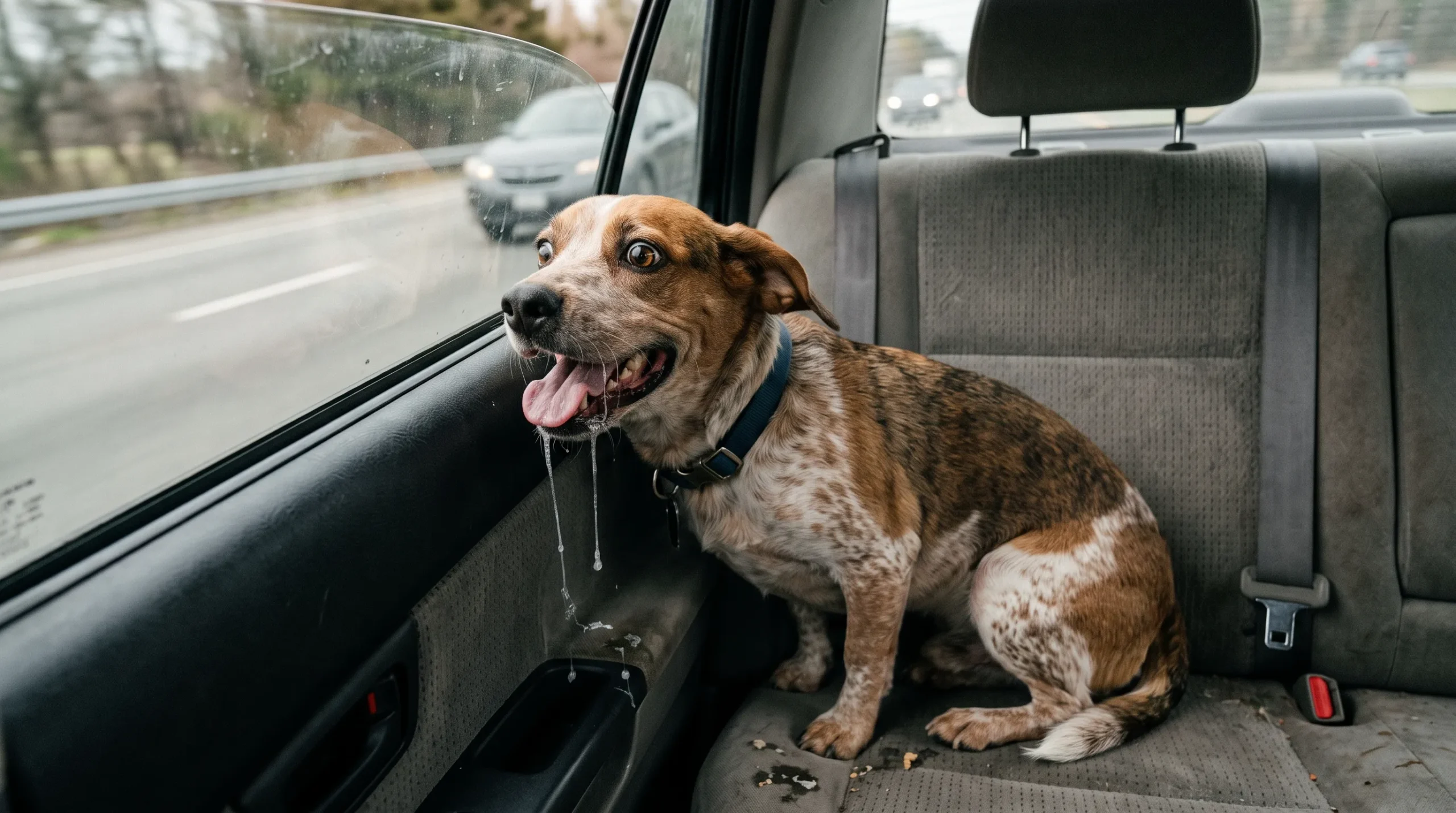 cachorro agitado e com medo no carro — sinais de ansiedade e estresse durante viagem