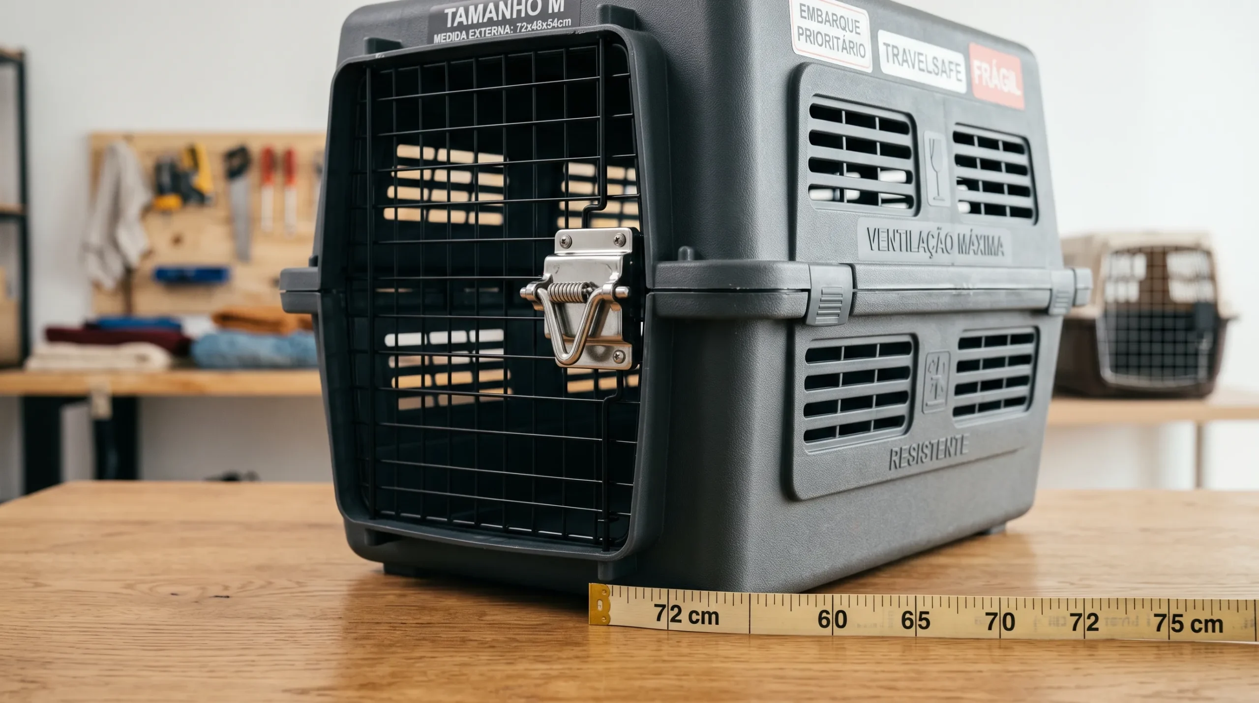 detalhes de caixa de transporte para cachorro — trinco, ventilação e medidas