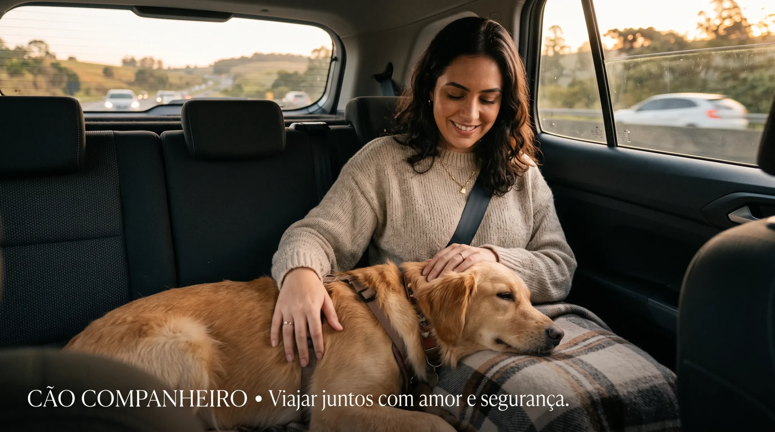 tutora acalmando cachorro no carro com carinho e reforço positivo