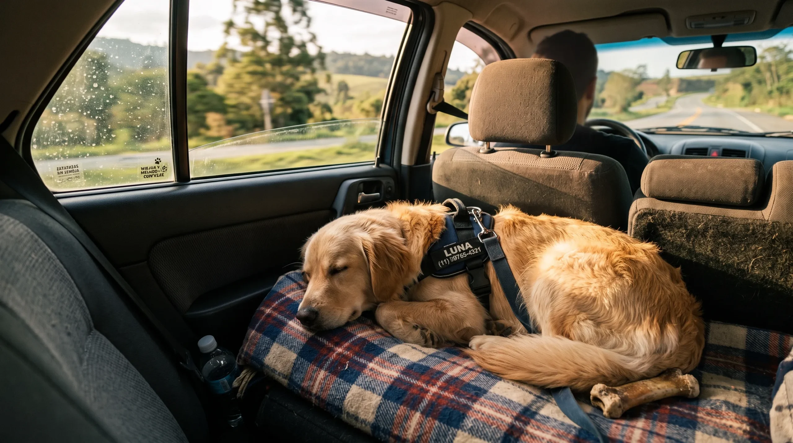 ambiente confortável no carro para cachorro — manta familiar, ventilação e posição segura