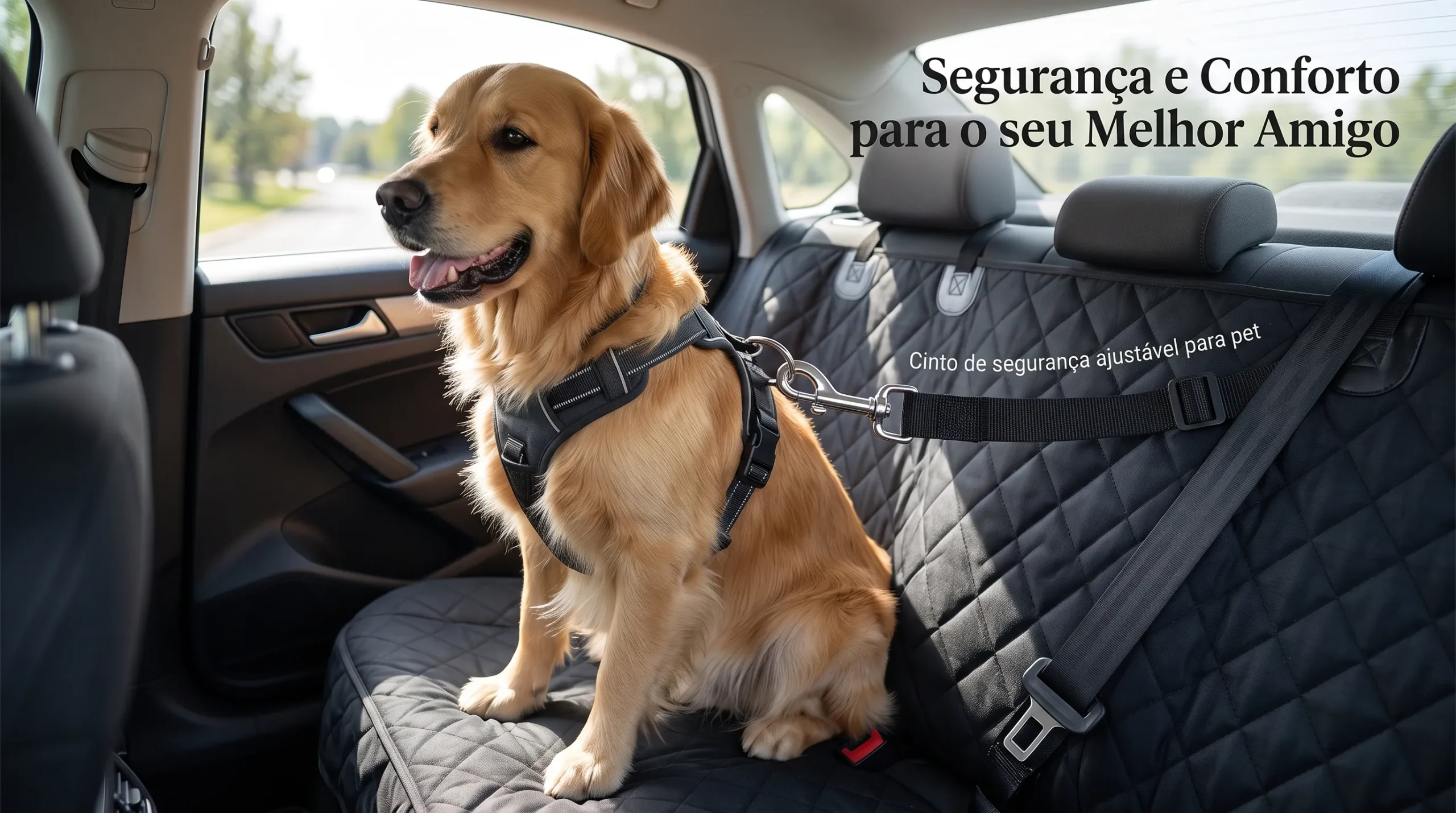 cachorro com cinto de segurança no carro — equipamentos de proteção e conforto para pets