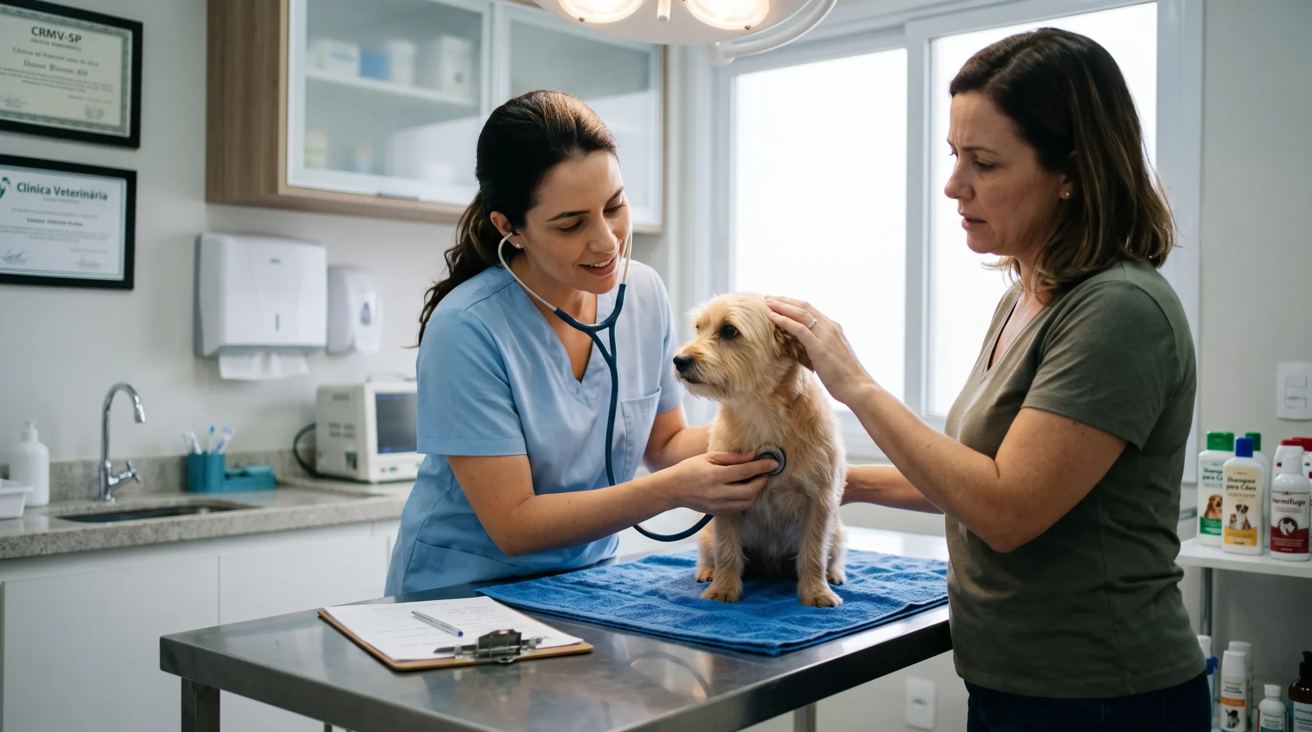 veterinário avaliando cachorro com enjoo no carro — diagnóstico e tratamento