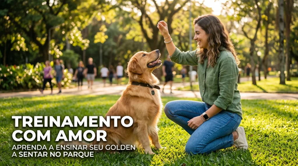 como ensinar cachorro a sentar — tutora treinando golden retriever com petisco no parque