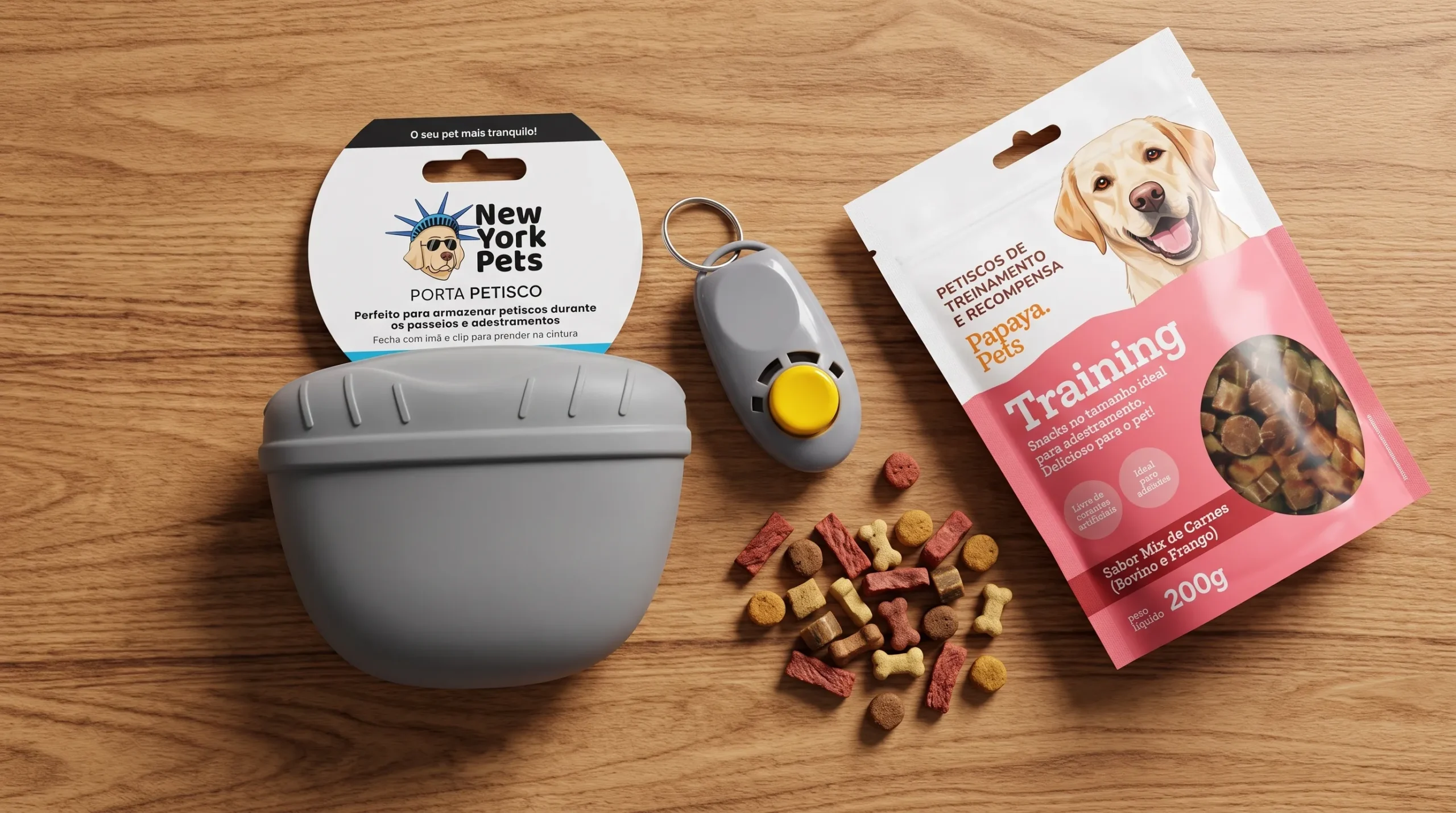 materiais para adestramento de cachorro — clicker, bolsa porta-petisco e snacks de treinamento