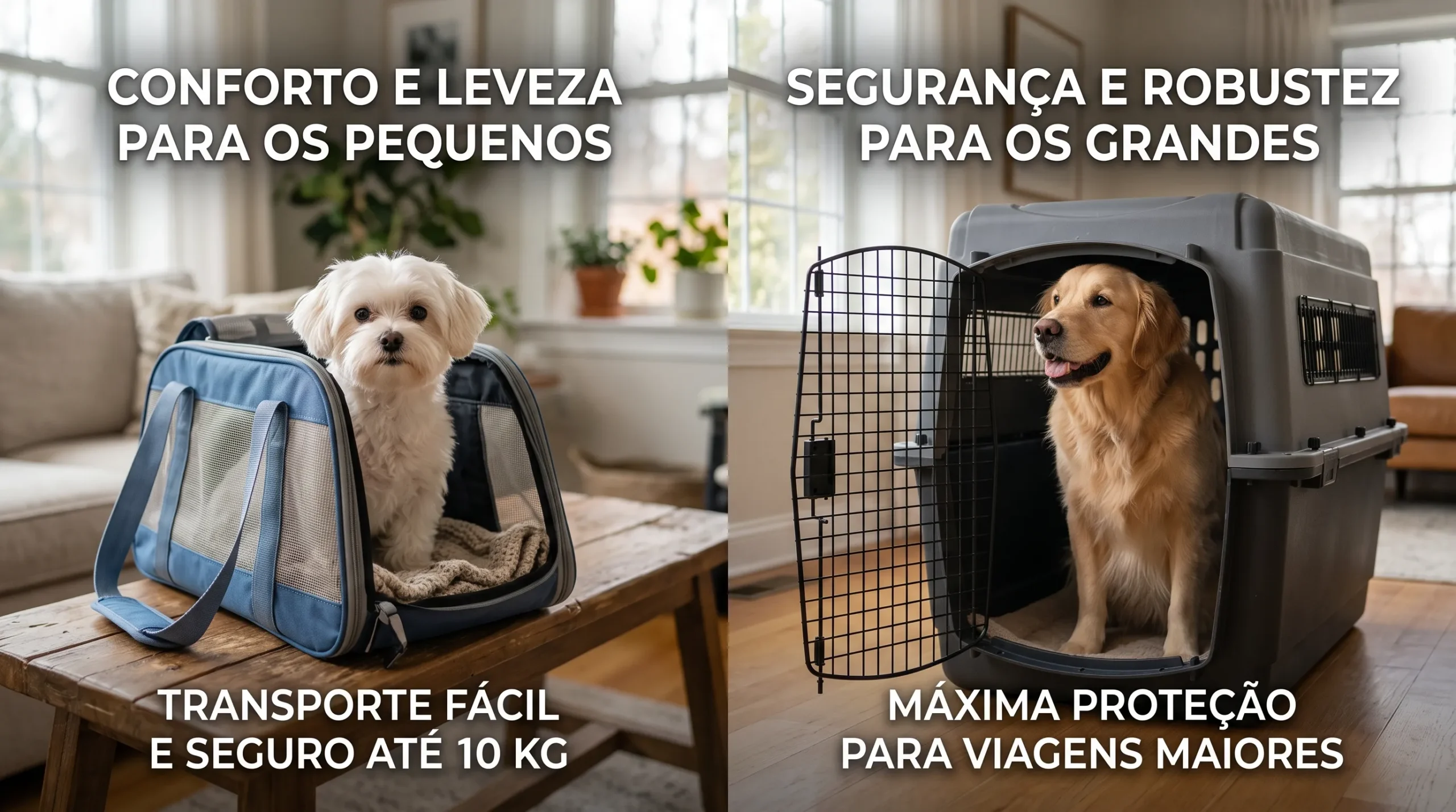 caixa de transporte para cachorro pequeno e grande — comparação por porte