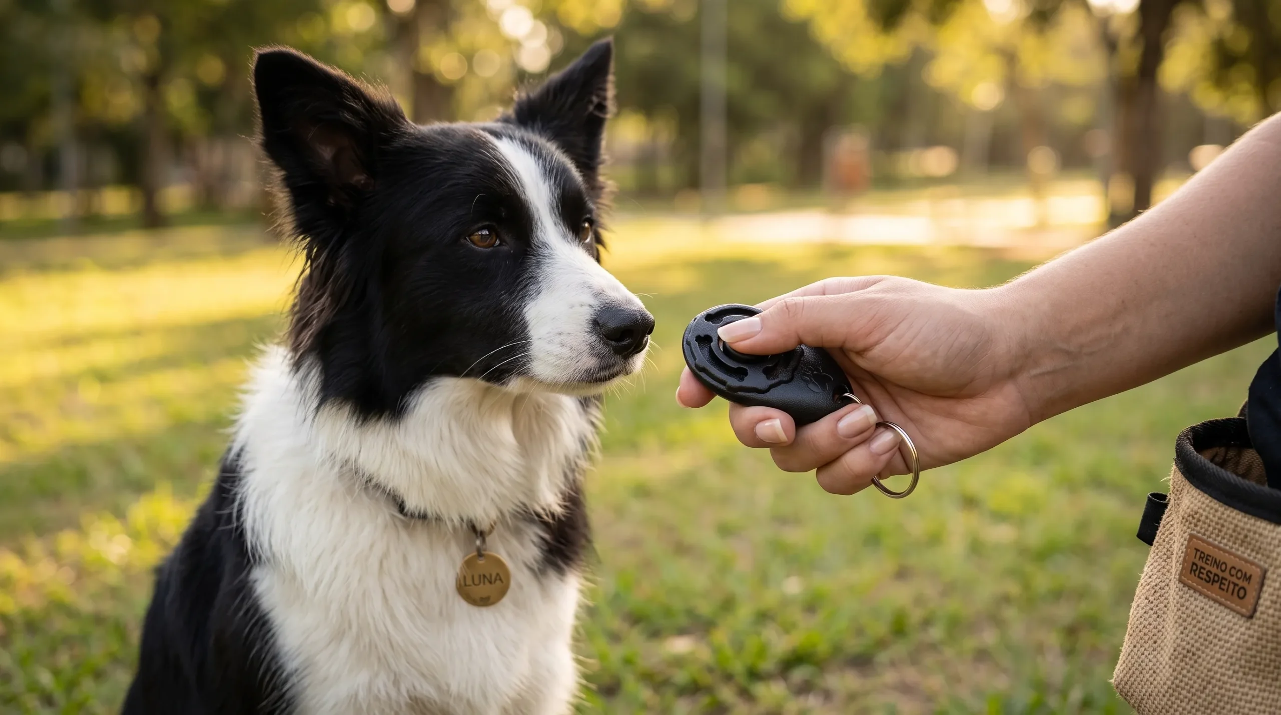 clicker para adestramento de cachorro — border collie sentado no comando com clicker