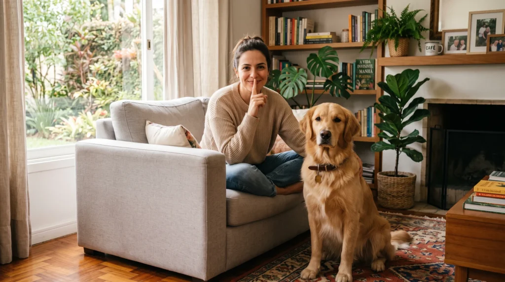 como parar cachorro de latir — cão calmo ao lado do tutor em sala de estar iluminada