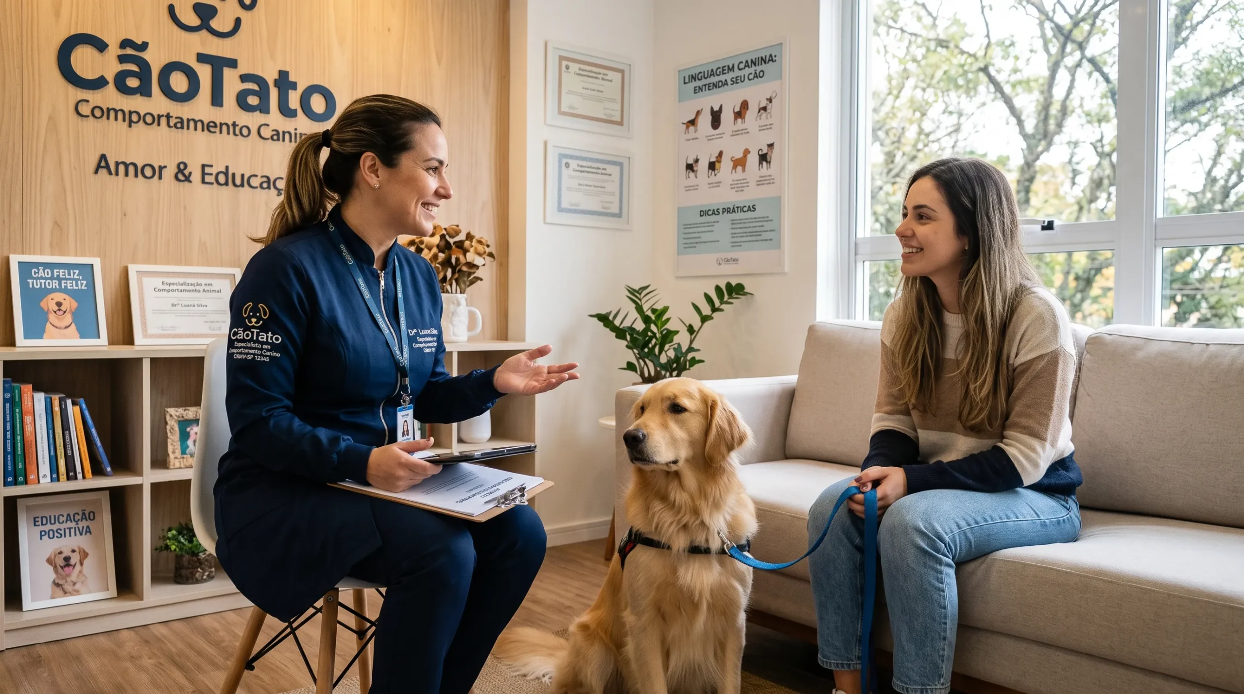 comportamentalista canino consultando tutor sobre latido excessivo em cães
