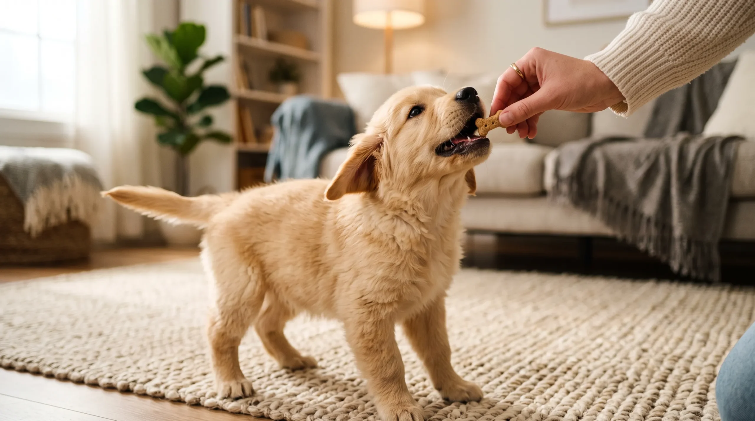 filhote de cachorro recebendo petisco durante adestramento com reforço positivo em casa