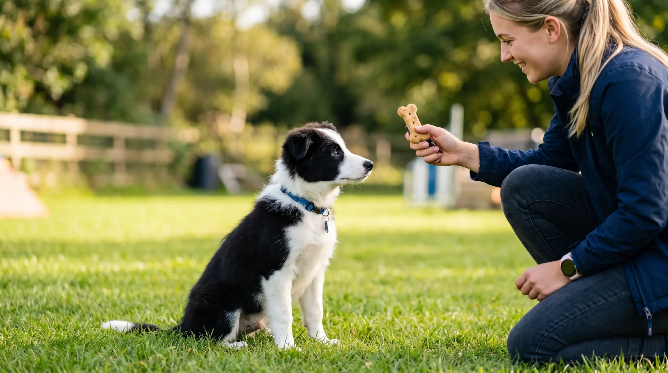filhote de cachorro aprendendo comandos básicos — sentar, deitar e ficar com clicker e petisco
