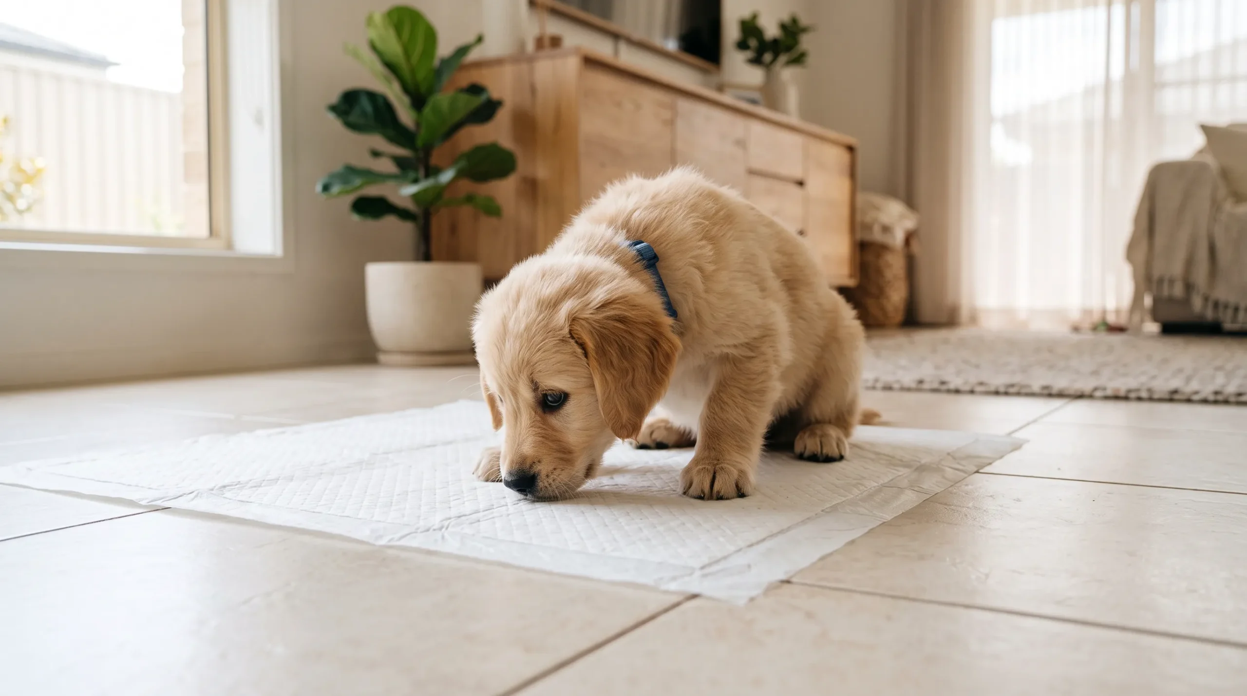 filhote de cachorro usando tapete higiênico em casa — treino de banheiro com reforço positivo