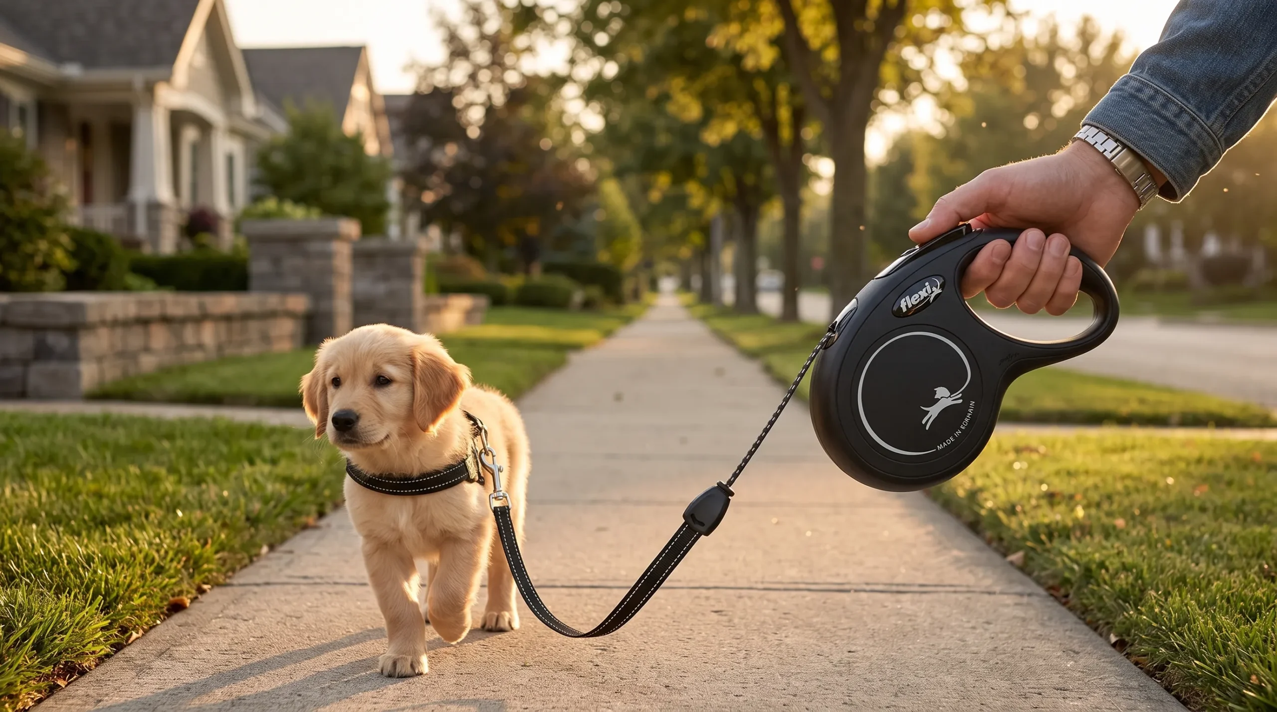 filhote de cachorro caminhando com guia retrátil Flexi ao lado do tutor no primeiro passeio