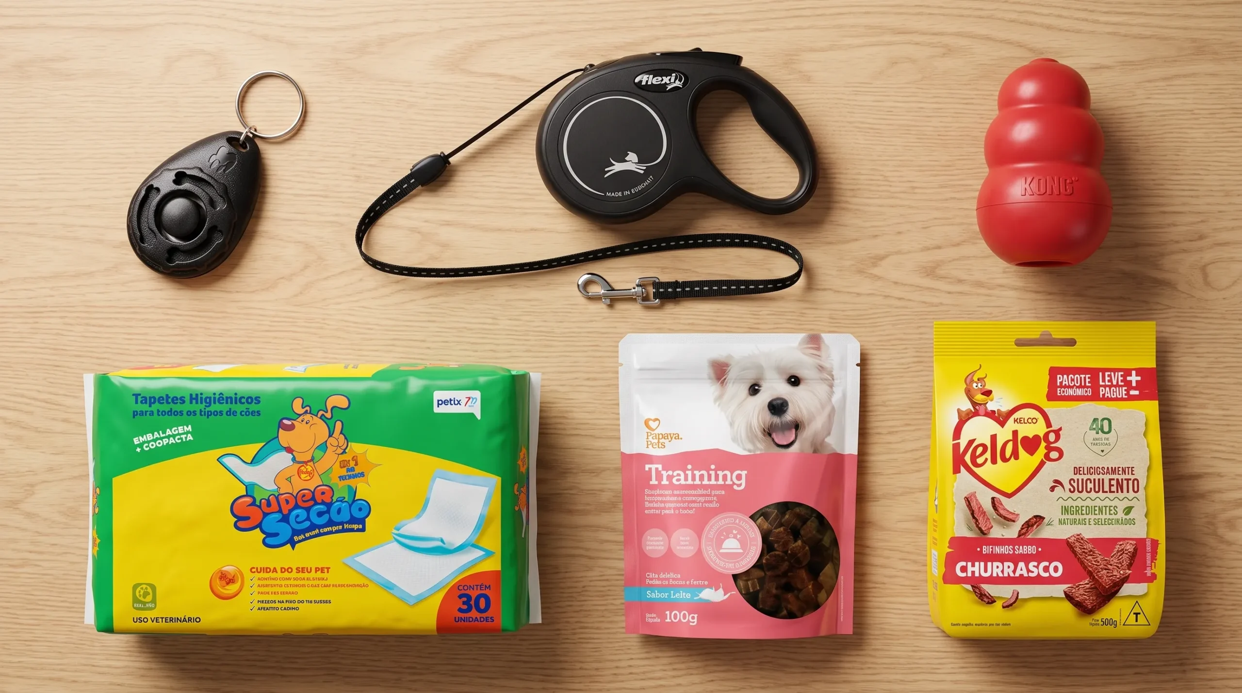 produtos para adestrar cachorro filhote — clicker, petiscos, tapete higiênico, guia e Kong