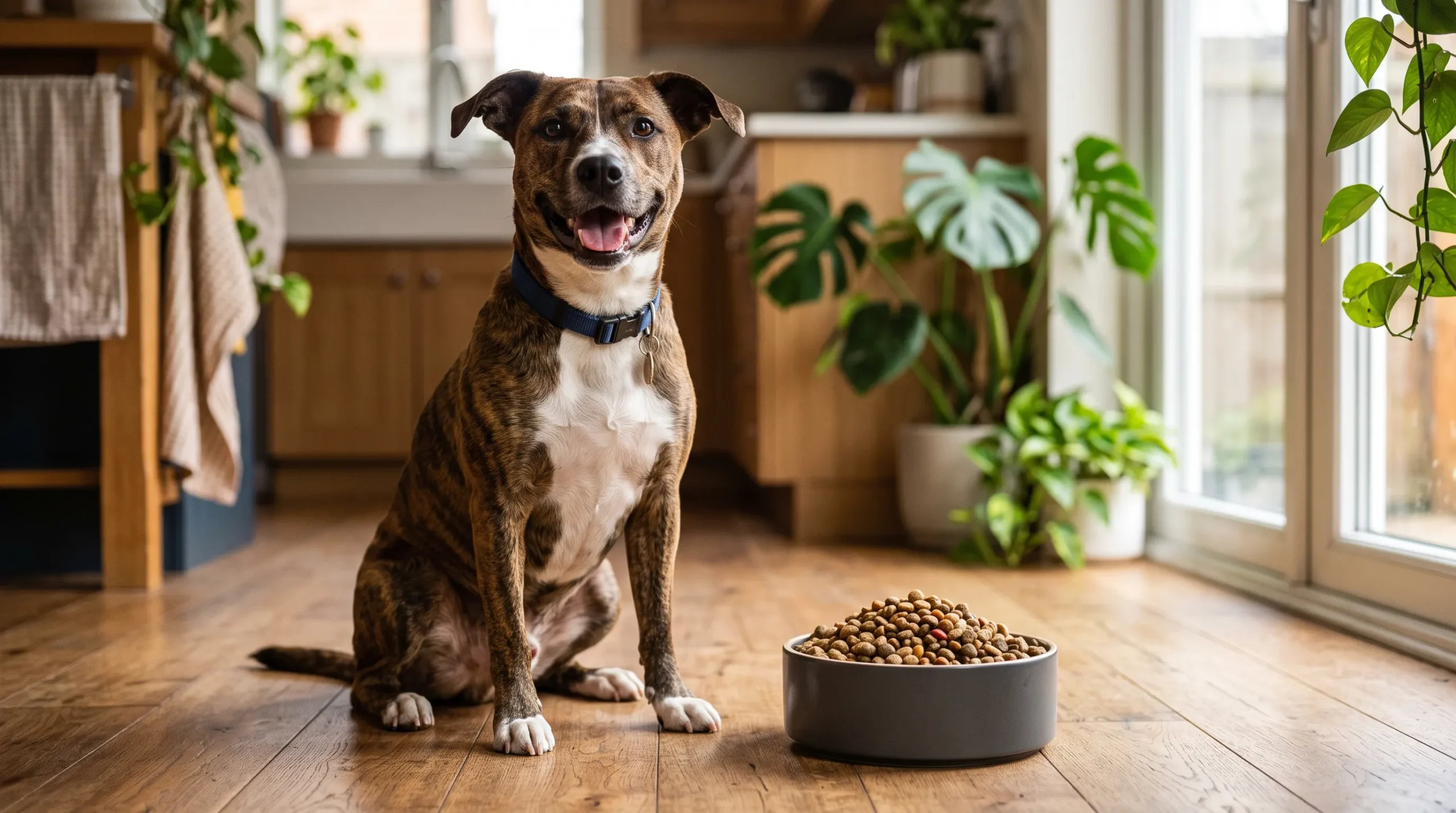 cachorro adulto saudável ao lado de tigela com ração premium — importância da alimentação canina
