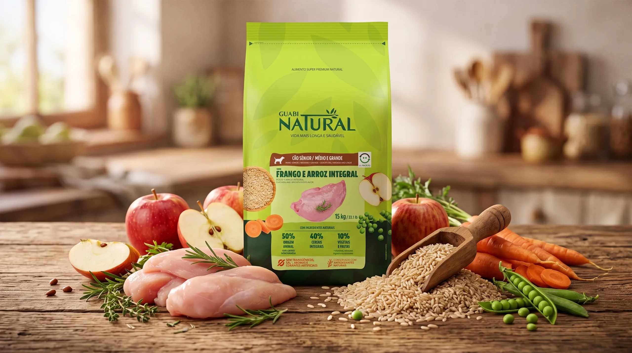 Guabi Natural Frango e Arroz Integral 12kg — ração super premium natural sem corantes