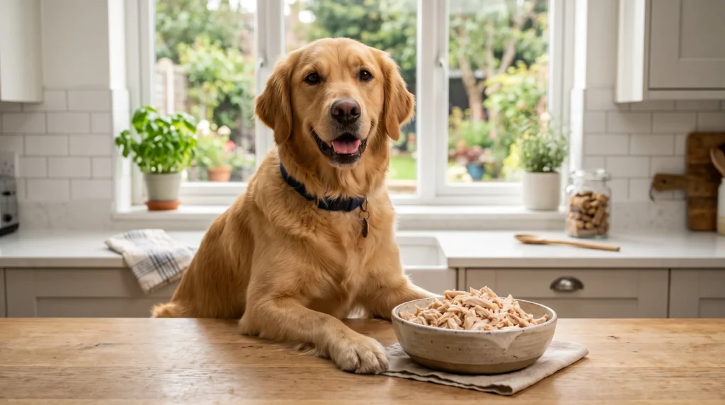 cachorro pode comer frango — cão saudável ao lado de tigela com frango cozido desfiado
