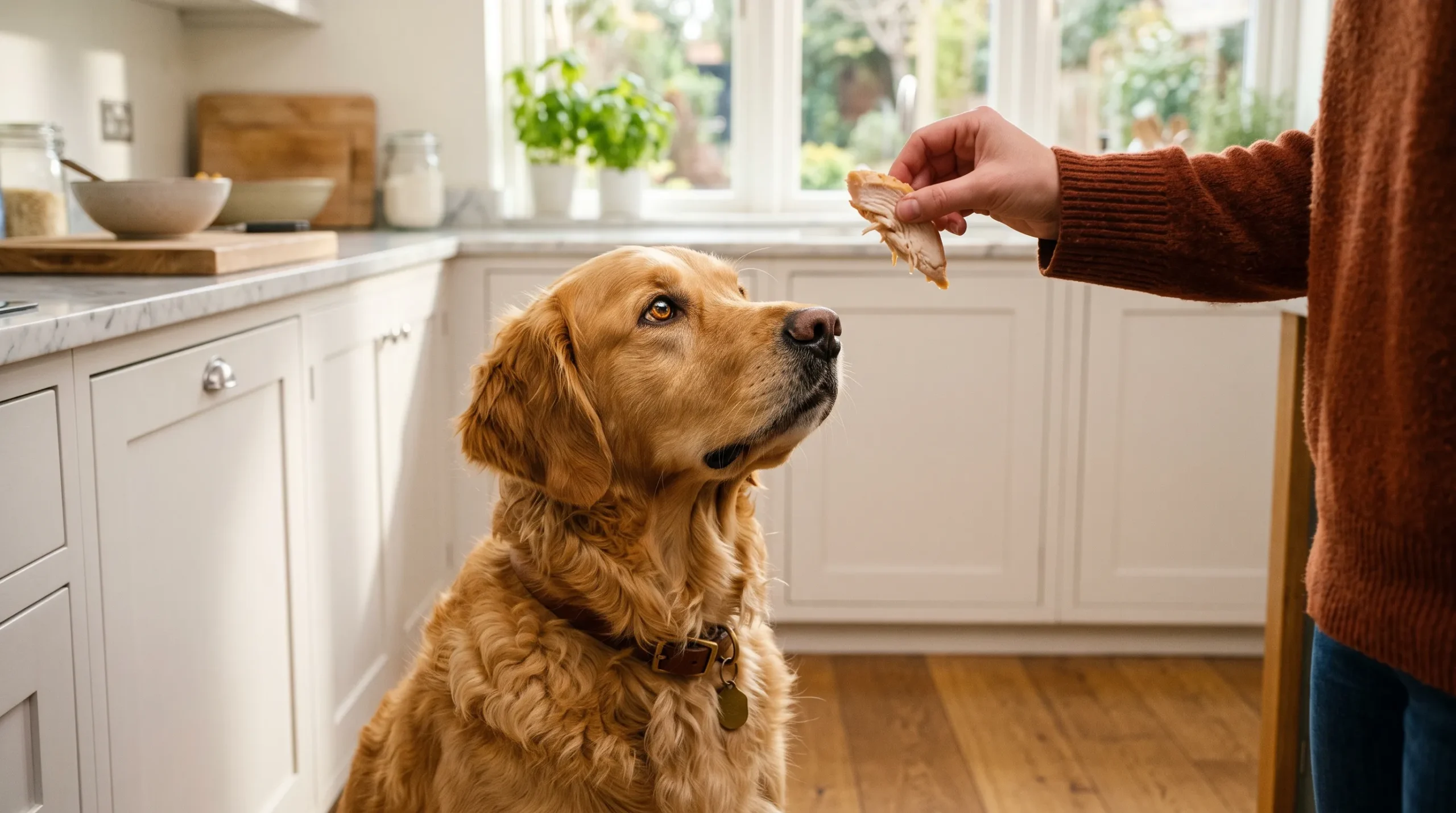 cachorro pode comer frango — golden retriever olhando para pedaço de frango cozido