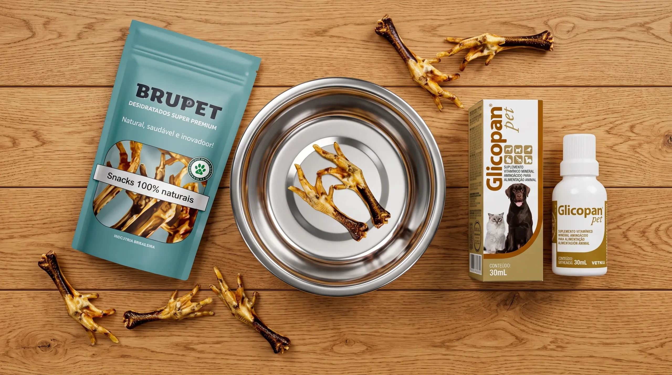 produtos para alimentação saudável do cachorro — petisco natural frango tigela e suplemento